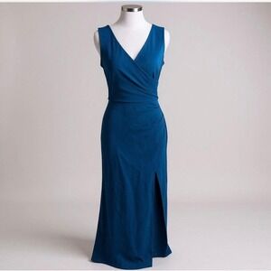 Womens Teal Blue Sleeveless V-Neck Ruched Faux Wrap Maxi Dress Side Slit Formal